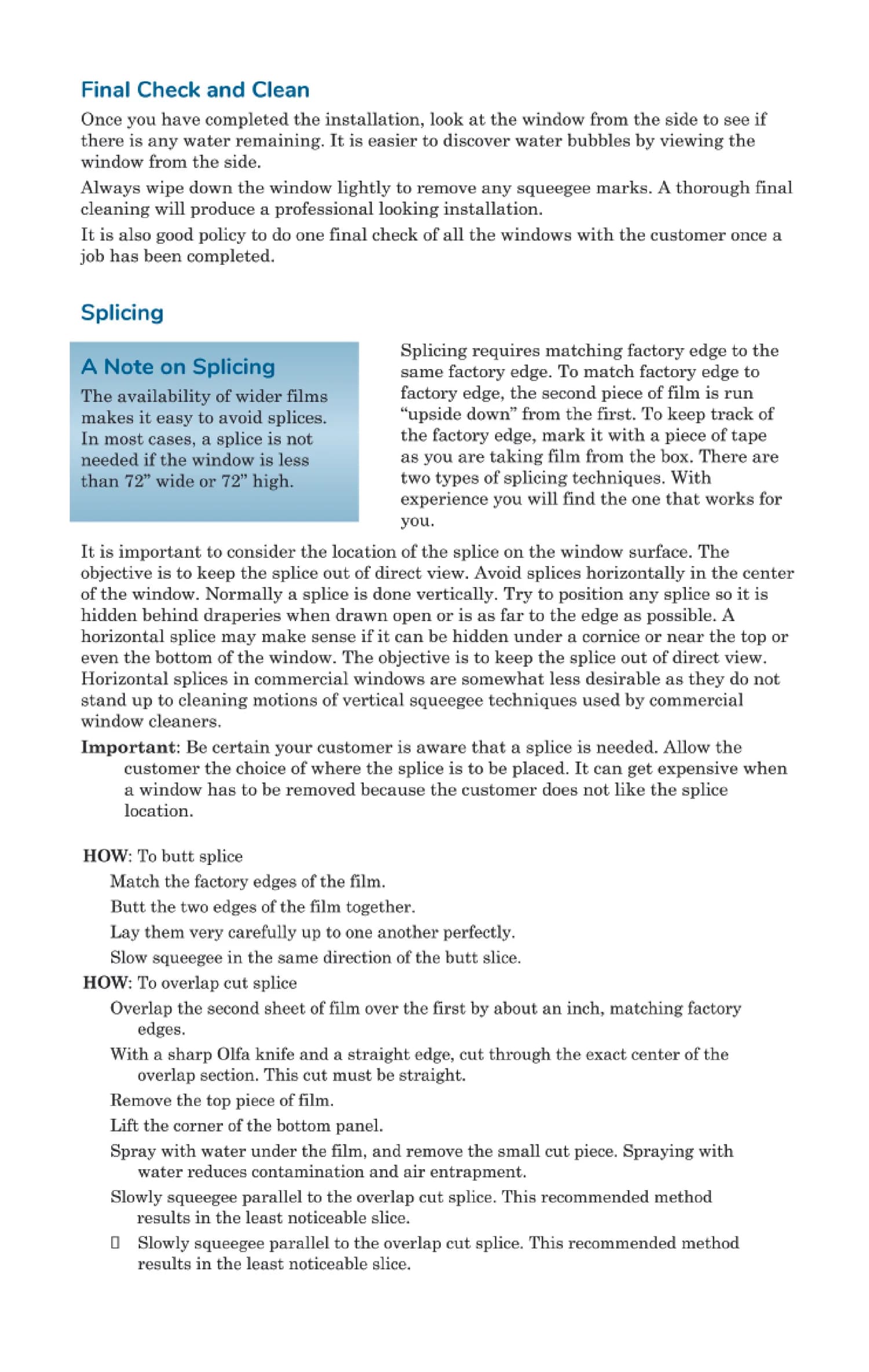 Splicing diagram for window film